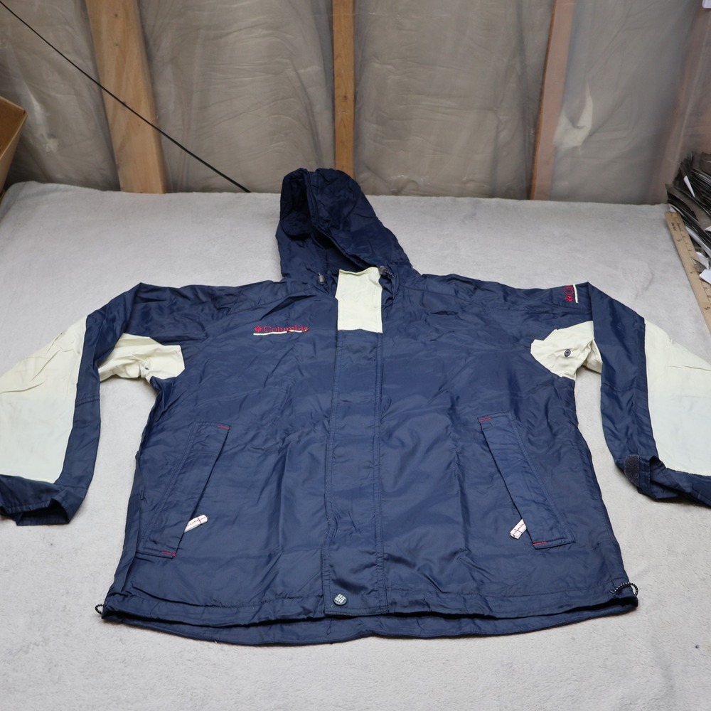 Columbia Jacket Men Medium Blue Light Packable Hooded Outdoor Windbreaker VTG